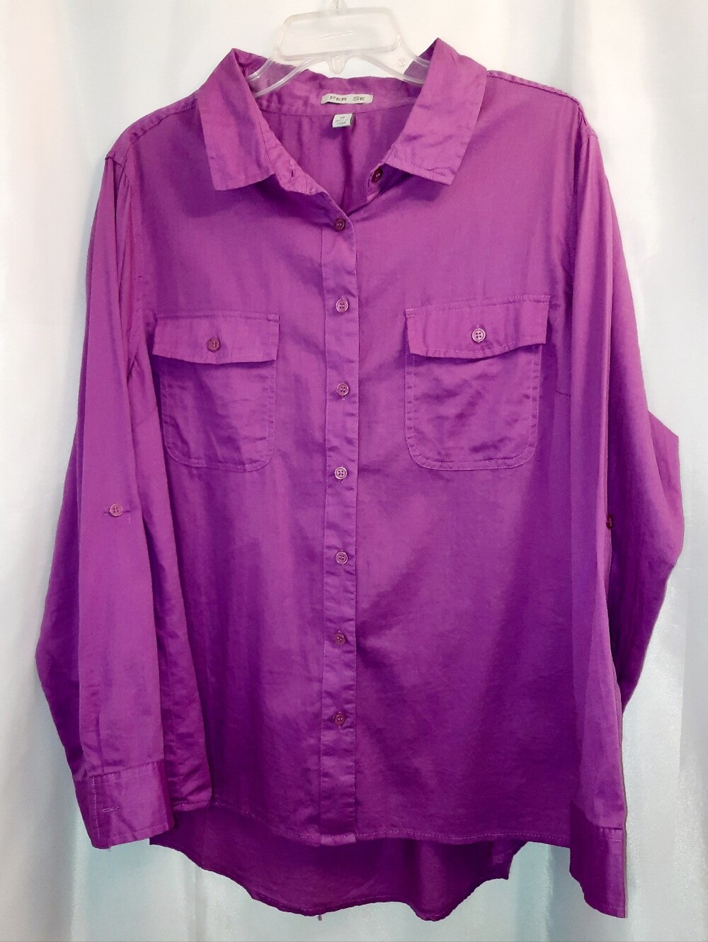 Per Se Fuchsia/Magenta Classic Long - 3/4 Sleeve Button Down Shirt Womens 1X